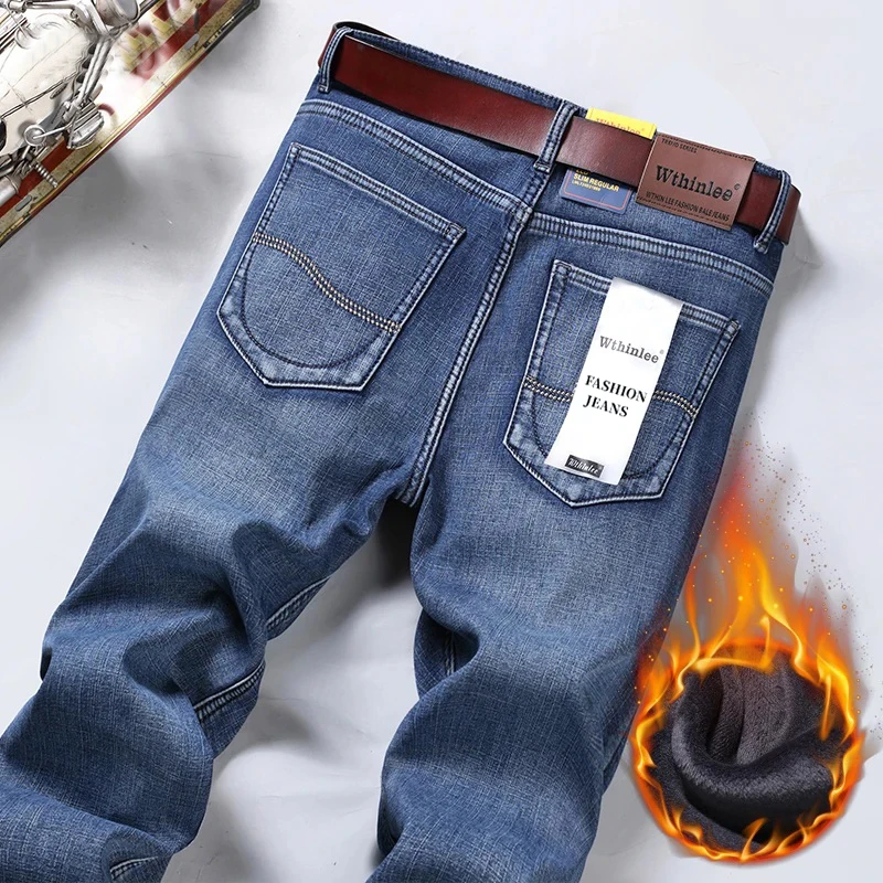 

High Quality Winter Thermal Warm Flannel Jeans Men Famous Brand Fleece Denim Pants Straight Flocking Trousers Male Plus Size 40