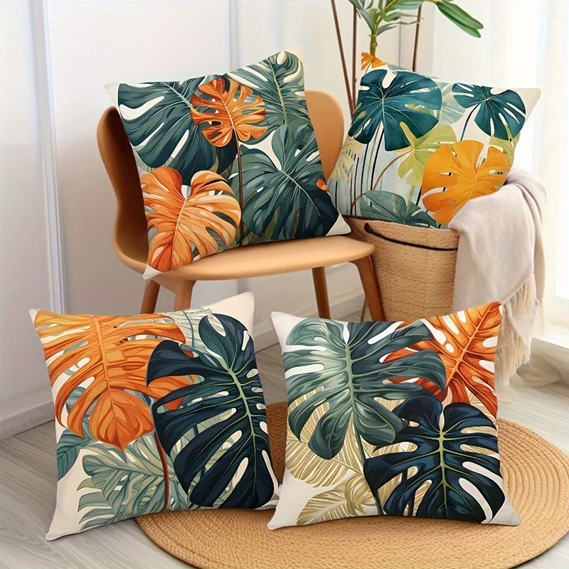 4-Piece Tropical Leaf Pattern Throw Pillow Cover Set Can Also Be Used as Support Pillows and Cushion Covers, Insert Not Included
