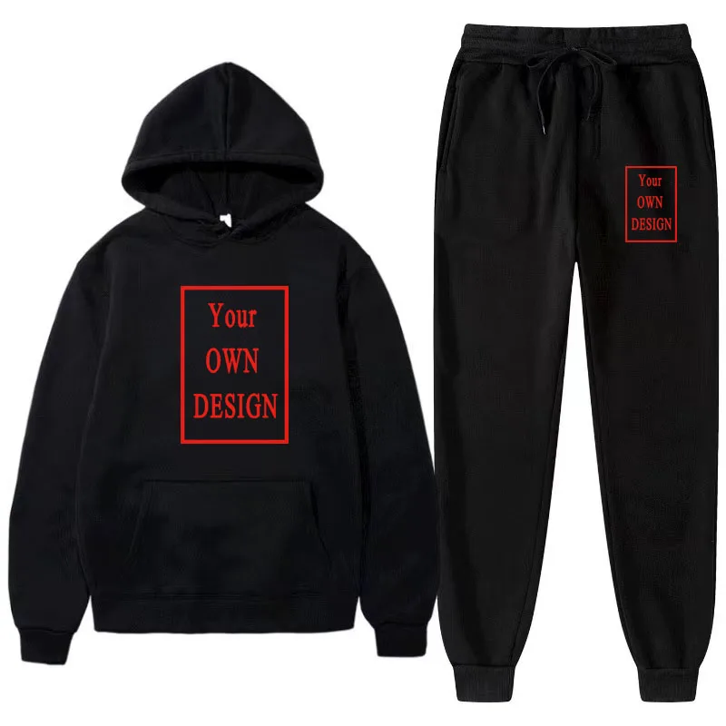 Custom Logo Tracksuit Men Hoodies Sweatshirt + Pants 2 Pieces Sets Hooded Running Trousers Autumn Winter Outfits Male