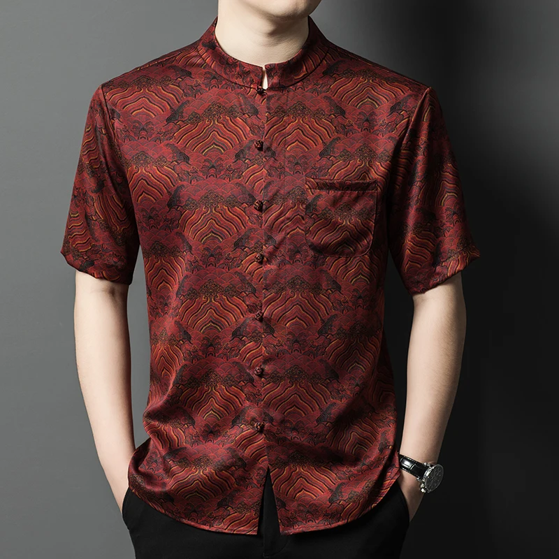 

High-End Tang Costume 100% Silk Frog Shirts For Men Lightweight Summer Quality Skin-Friendly Pocket Casual Red Camisas De Hombre