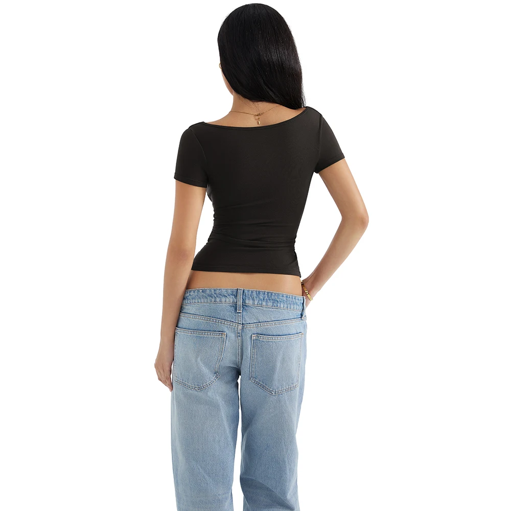 Tops de manga corta con hombros descubiertos para mujer, ropa de calle a la moda, jersey con cuello vuelto, camiseta básica para salir de verano para mujer