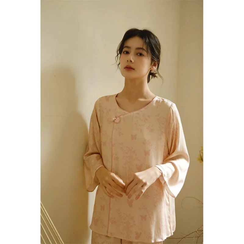 

2023 Autumn Cotton Silk Sleepwear Satin Buttons Printed Pullover Homewear Long-sleeved Trousers Pajamas Set Chinese Style Pajama