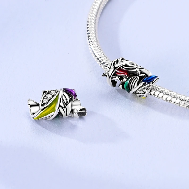 حالمة الملونة ريشة الخرز 925 فضة الخرز الأصلي صالح الأصلي 925 سحر خرز سوار مجوهرات هدايا للنساء