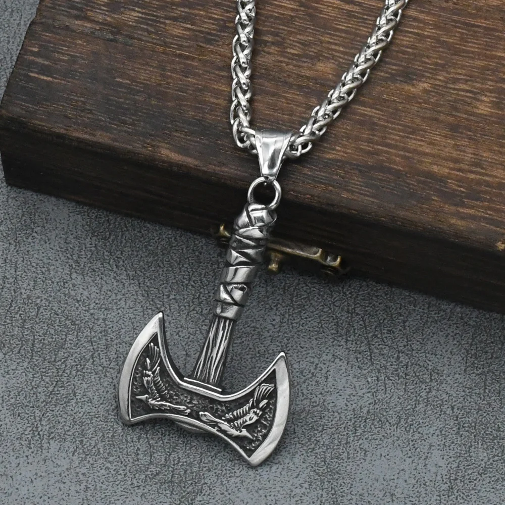 Odin Raven Double Axe Vintage Viking Pendant Stainless Steel Celt Knot Necklace Men\'s Scandinavian Jewelry Gift