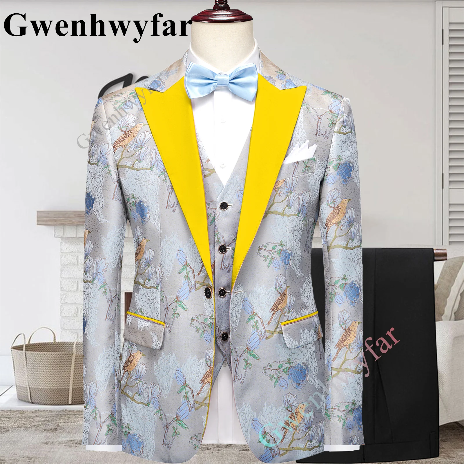 

Gwenhwyfar Men Wedding Suit Yellow Collar 2023 Slim Fit Colorful Jacquard Suits For Men Groom Tuxedo Jacket Pant Set Custom Made