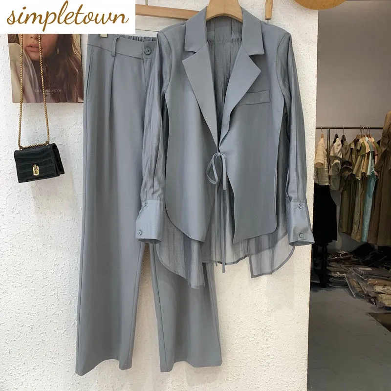 Summer New Hollow Sun Protection Chiffon Shirt Blazer Wide Leg Pants Two Piece Set Elegant Women\'s Pants Set Office Outfits