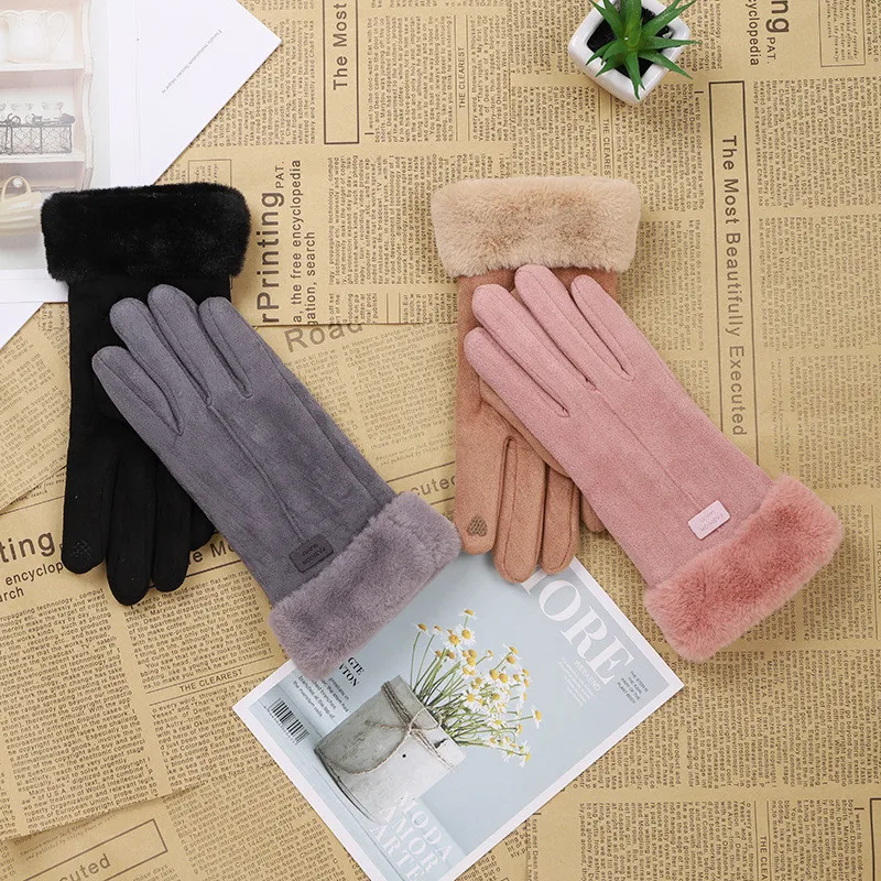 Winter Female Cashmere Warm Suede Leather Cycling Mittens Double Thick Velvet Plush Wrist Women Touch Screen Driving Gloves NEW