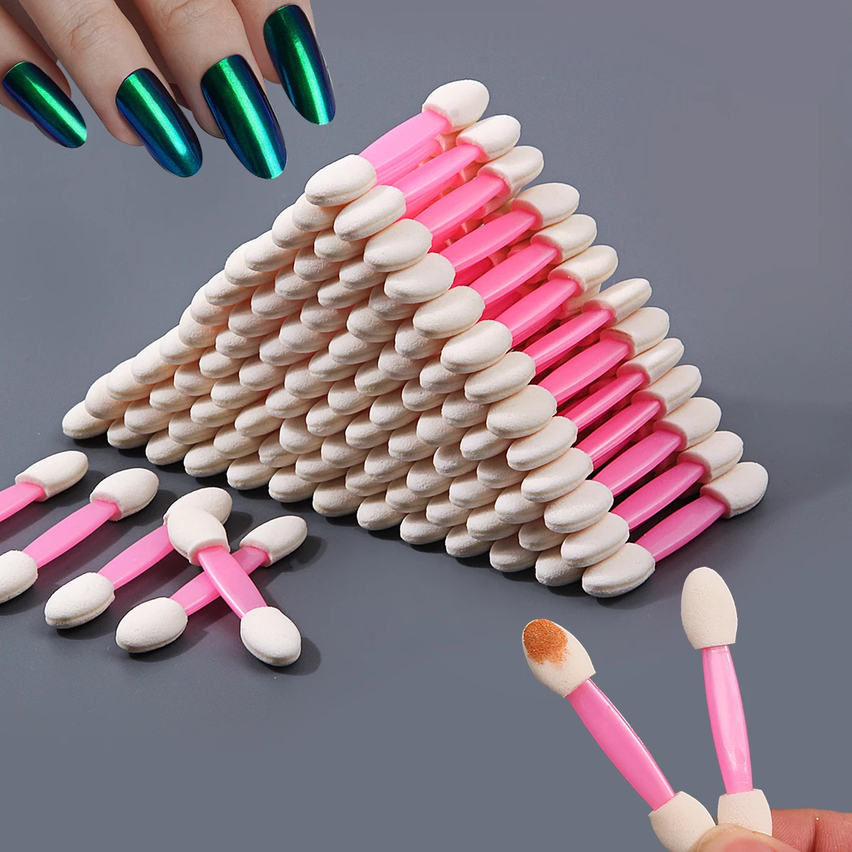 100Pcs PINK Double Ended Sponge Nail Powder Brush Eyeshadow Sponge Sticks Chrome Pigment Pen Applicator Portable Makeup Tools