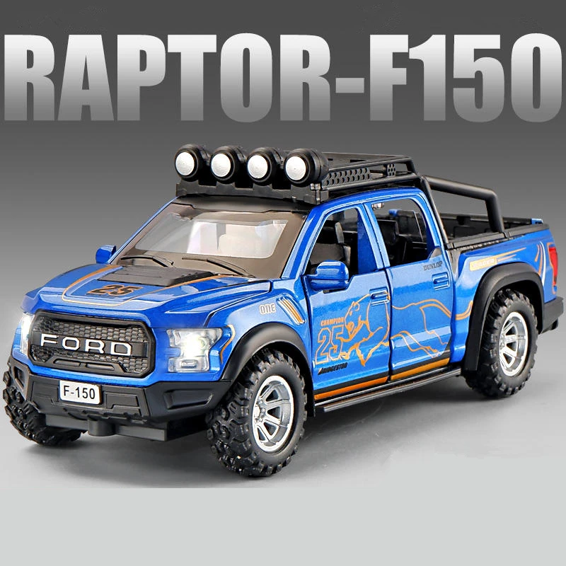 1:32 модель автомобиля Ford Raptor F150 из сплава, Литые металлические игрушки, модель внедорожника, Коллекционная модель автомобиля со звуком и фотографией, детский подарок