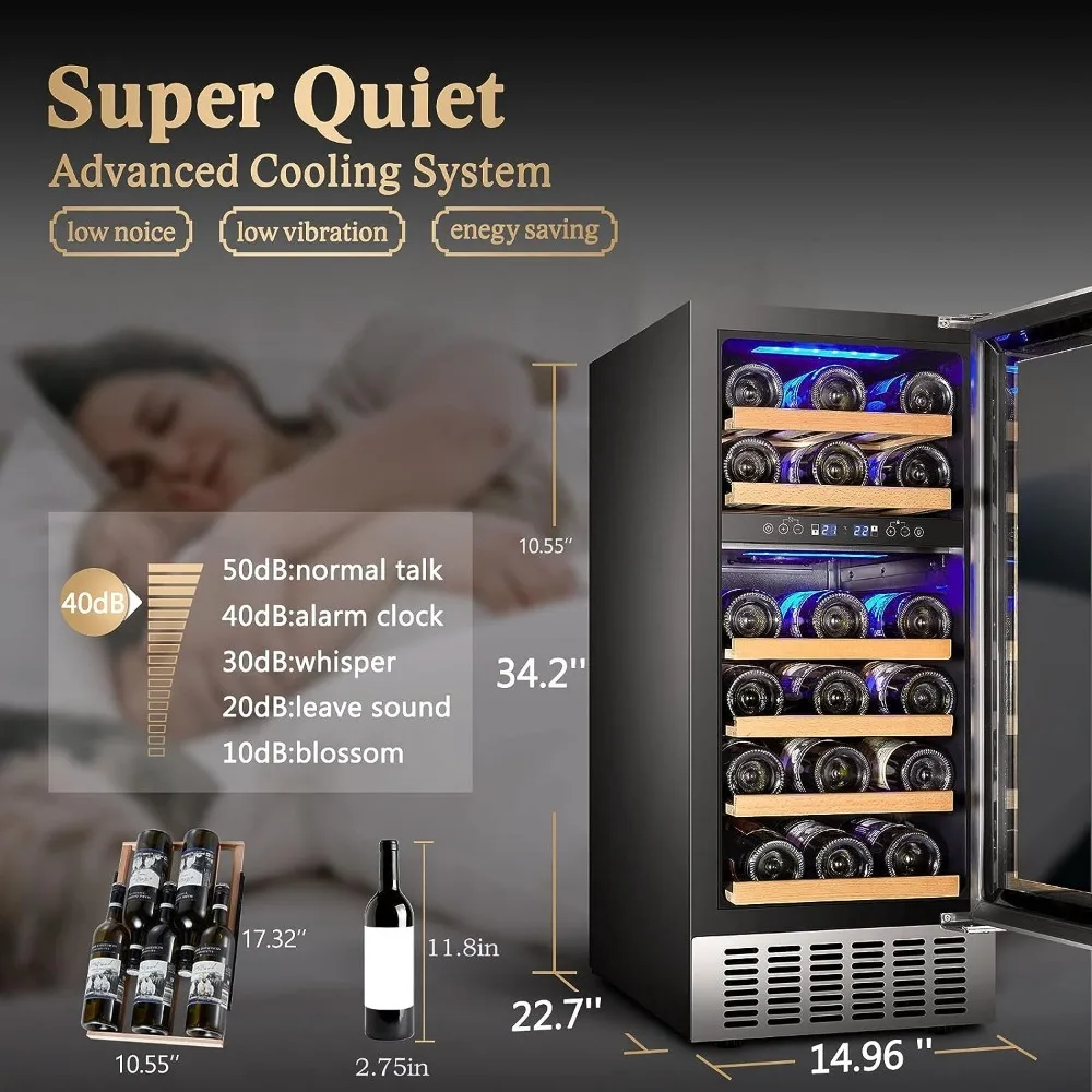 15 Inch Wine Cooler, 28 Bottle Dual Zone Wine Refrigerator with Stainless Steel Tempered Glass Door,Memory Function,