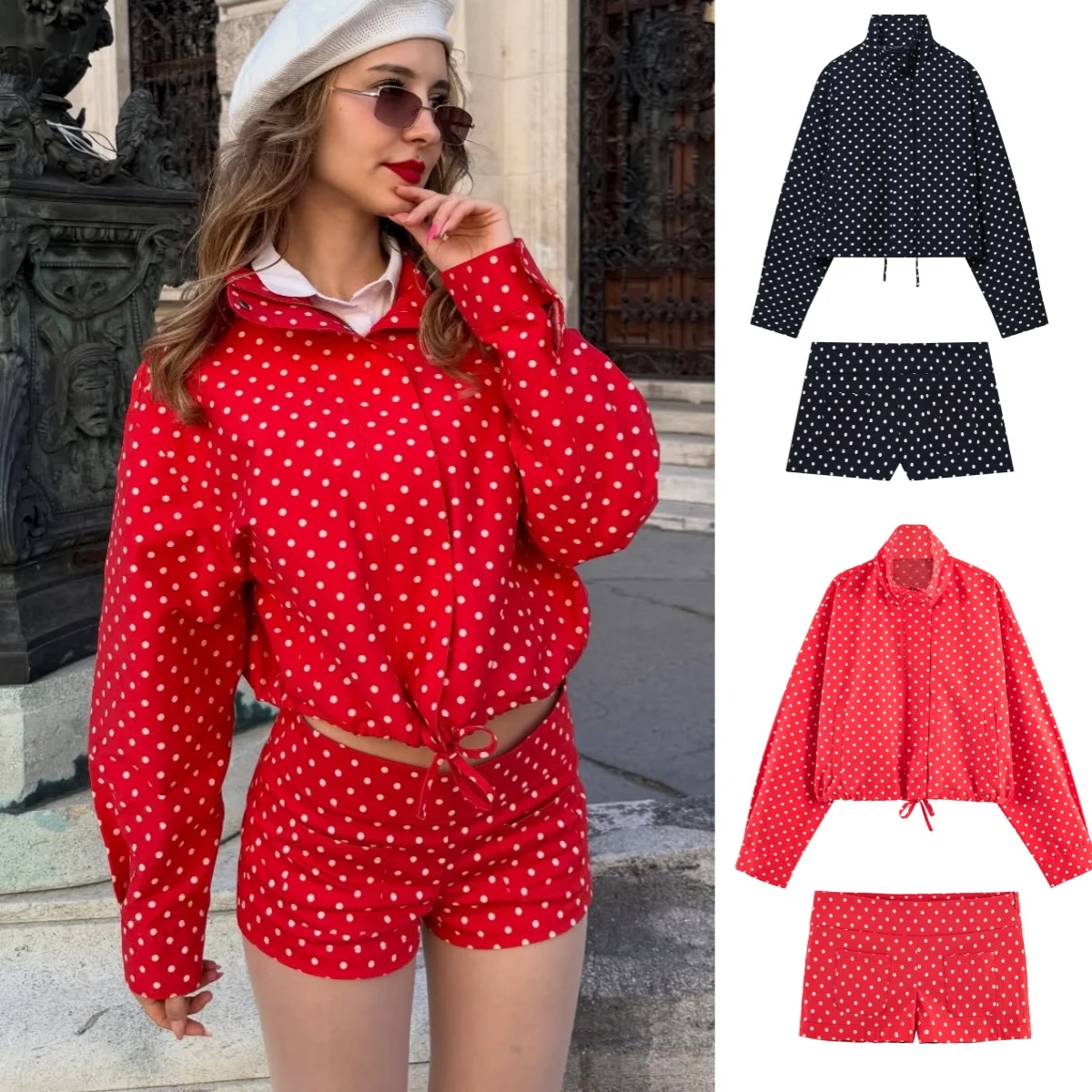 

BSAY Casual 2 Pcs Set Tracksuit 2026 Summer Women's Loose Stand Collar Polka Dot Zip Jacket or Chic Female Shorts