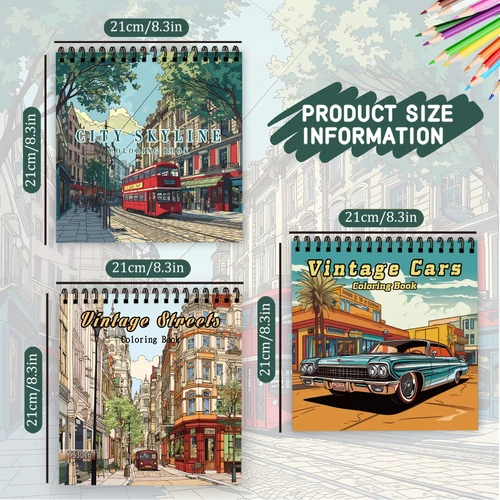 Imagen 2 del producto Juego de libros para colorear ilustrativos de 3 uds, diseños de paisajes de coches y calles, 30 páginas gruesas, encuadernado en espiral, opción de regalo para aliviar el estrés