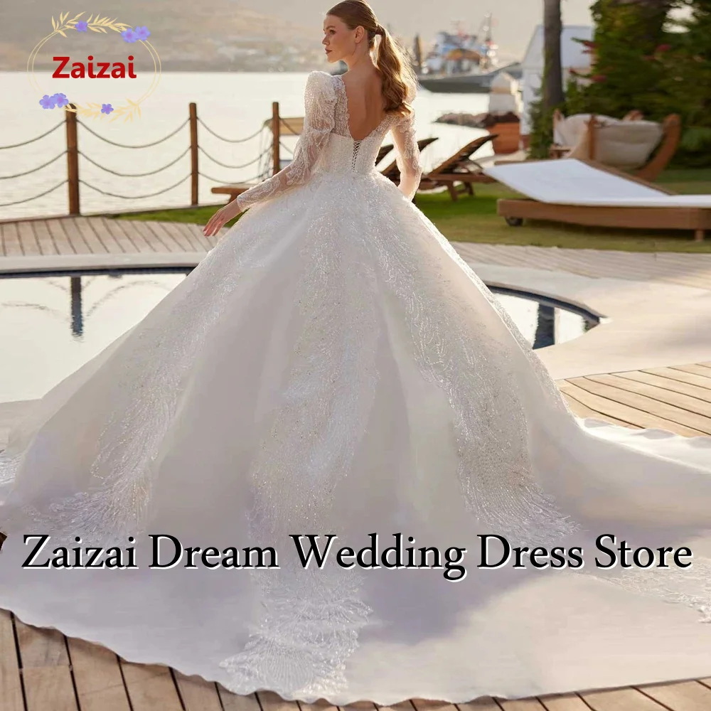 Customized Luxury Princess Wedding Dress Long Sleeves Beaded Lace Ball Gown Bridal Dress Puffy Shoulders Cathedral Train