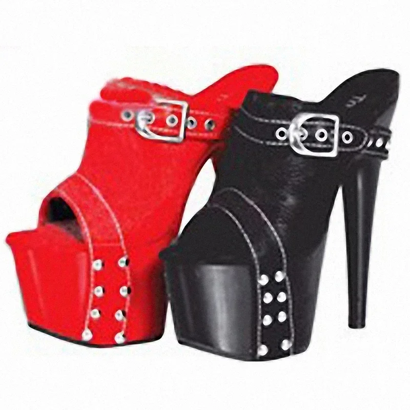 17CM High Heeled Shoes Thick Platform Gothic Shallow Slippers Rivet Big Size 7 Inches White Party Buckle Strap Cross Dressing