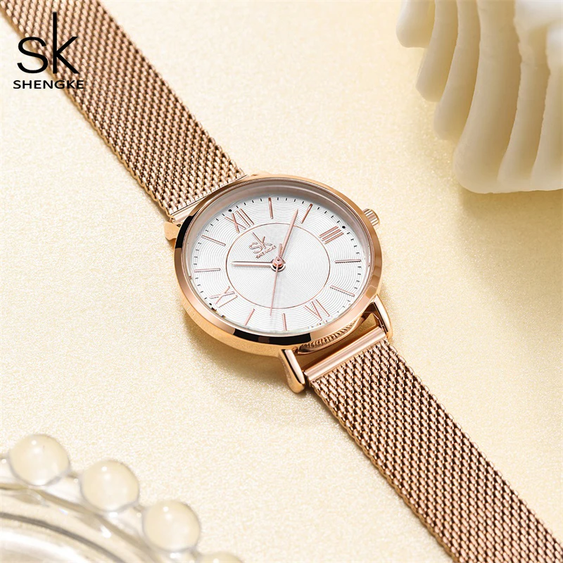 Shengke-reloj de cuarzo japonés de alta calidad para mujer, pulsera de malla de acero inoxidable, oro rosa, resistente al agua, elegante