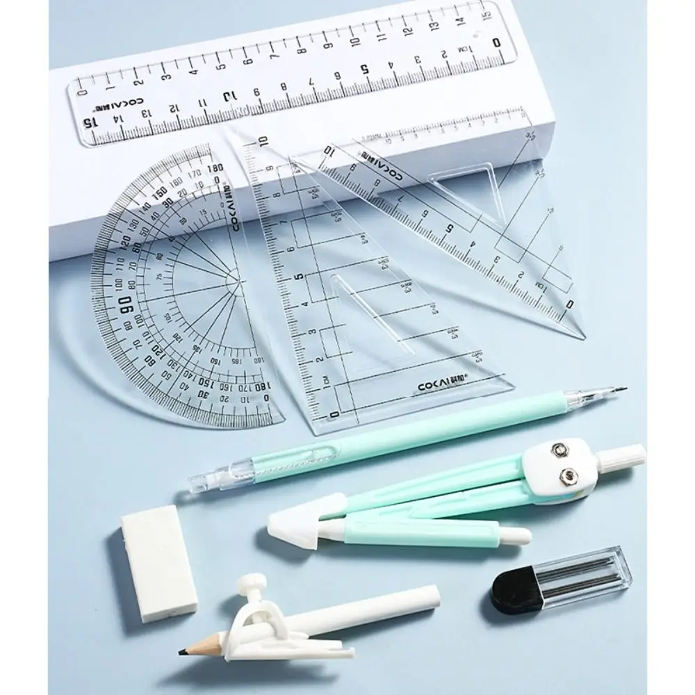 9 teile/satz multifunktion ale transparente Lineal Set Radiergummi Set quadratischen Bleistift Kompass Kit Kunststoff Druck bleistift Winkelmesser Studenten