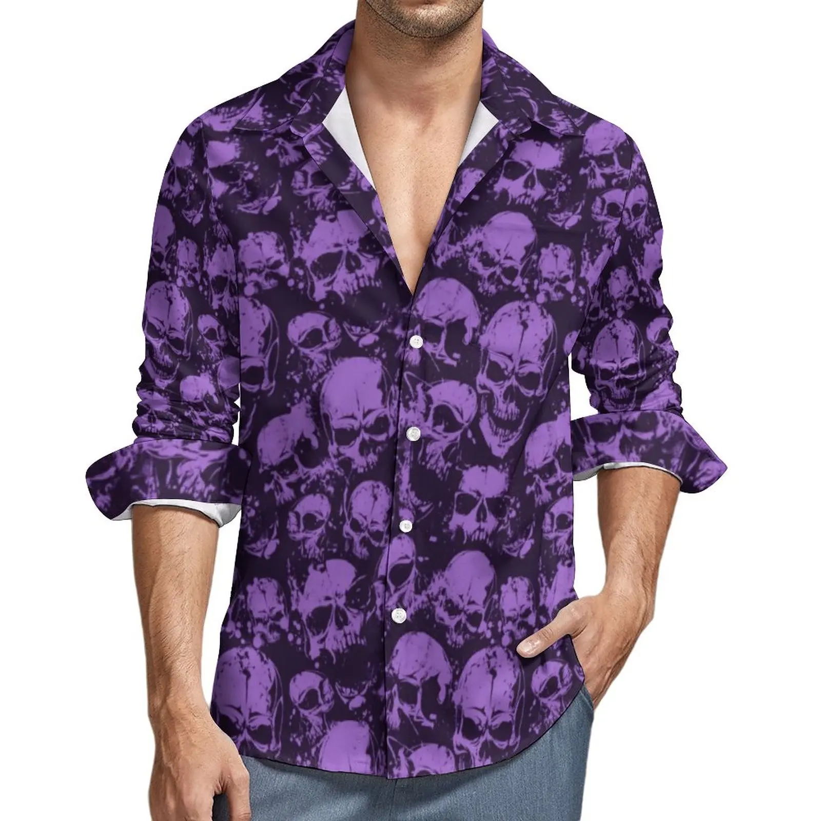 Camisa roxa de caveira masculina, camisas casuais com estampa de halloween, outono harajuku, blusas personalizadas, manga comprida, moda, roupas de grandes dimensões, presente