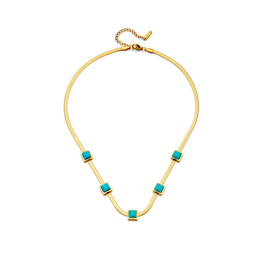 

Punk Clavicle Turquoise Square Charm Necklace Gold Color Stainless Steel Flat Snake Chain Choker Necklaces for Woman Jewelry