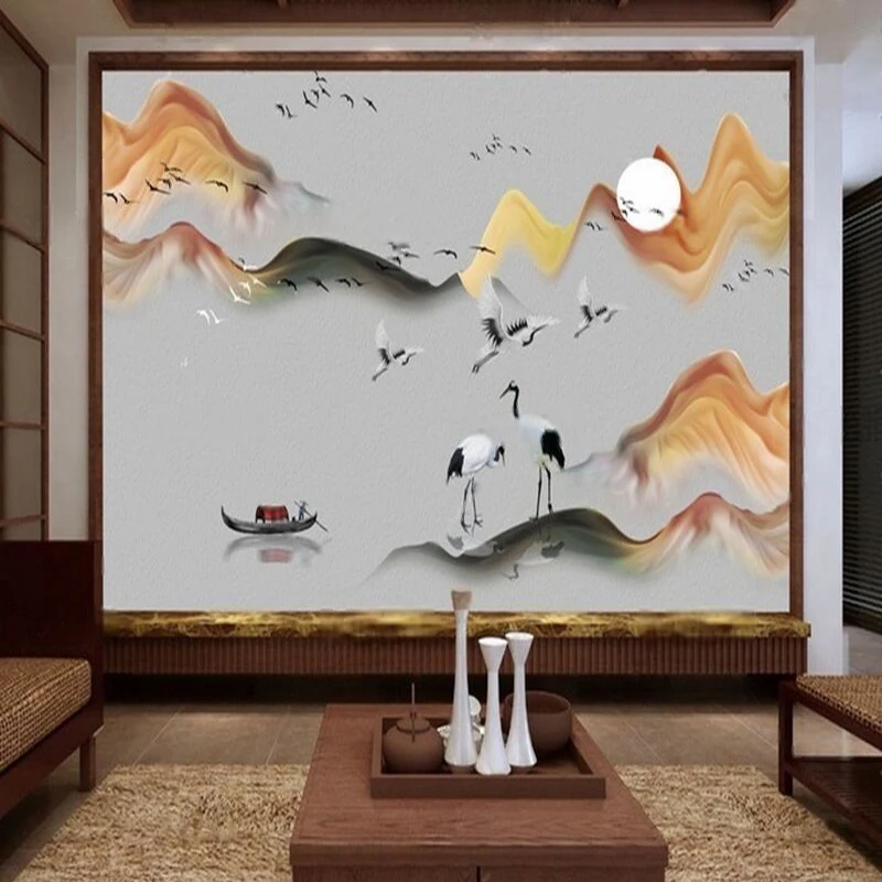 Modern Chinese-Style Abstract Hand-Drawn Colorful Landscape Painting Of A Crane And Small Boat Rural Scenery Art Poster For Wall