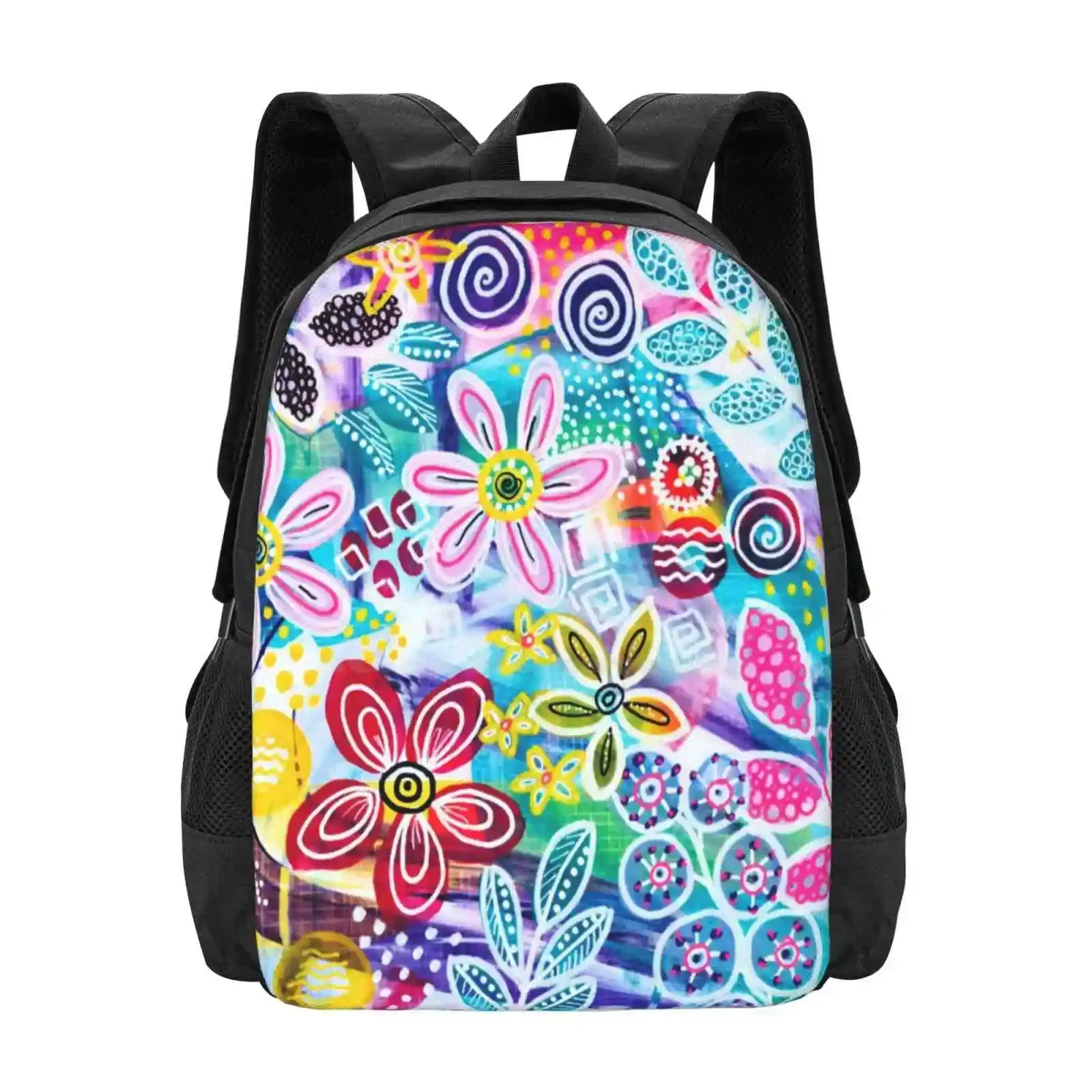

Valentines Day Hot Sale Schoolbag Backpack Fashion Bags Floral Pink Green Abstract Colourful Acrylic Paint Modern Garden
