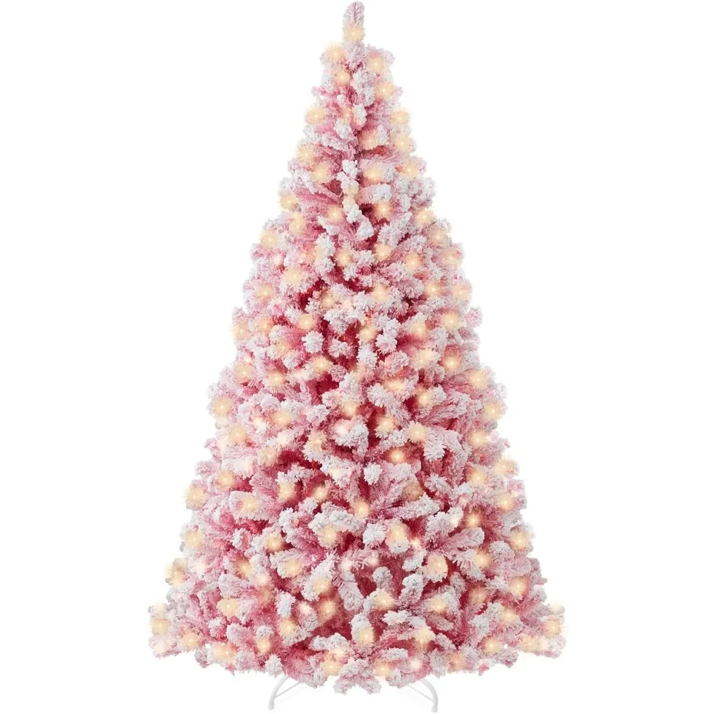 6ft Pre-Lit Pink Christmas Tree, Artificial Snow Flocked Full Fir Tree, Holiday Decoration w/ 250 Lights, Foldable Metal Base