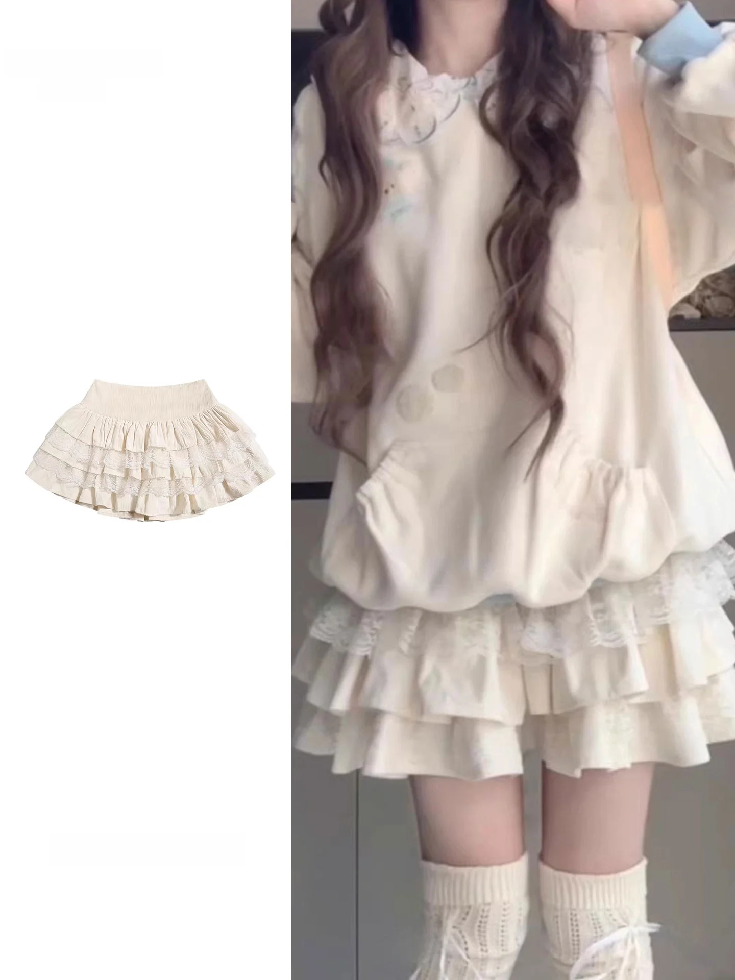 Large Size Cream Lace Splicing Cake Skirt Women's Early Spring New Design A-Line Fluffy Short Skirt Half Body Skirt