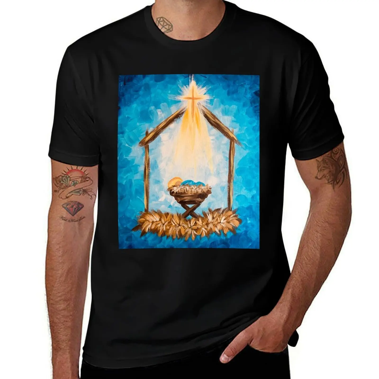 Rustic Nativity Scene T-Shirt Casual Graphic Print Tee T-Shirt