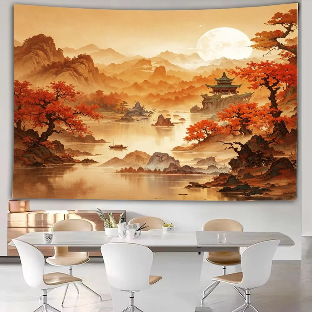 VIKAMA Autumn Palace Tapestry, Chinese Temple Maple Trees Full Moon Lake Reflection Wall Art