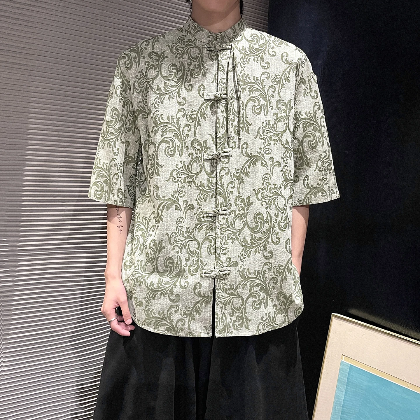 

M-XXXXXL Plus Size Men's Summer Jacquard Hanfu Shirt New Chinese Style Tunic Collar Short Sleeve Shirts with Frog Buttons 5XL