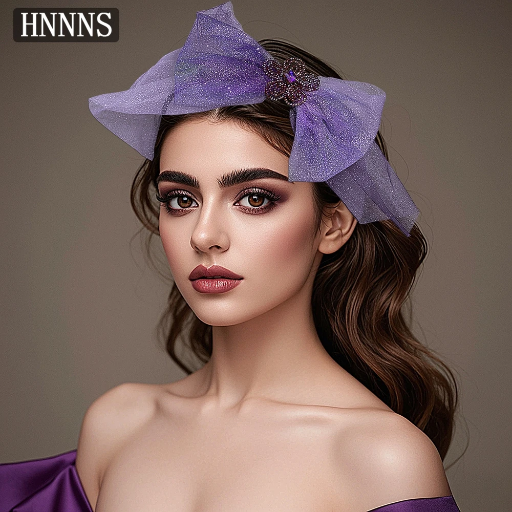 HNNNS Purple Glitter Tulle Bow Headband with Rhinestone Flower for Women Elegant Party Hair Accessory A32