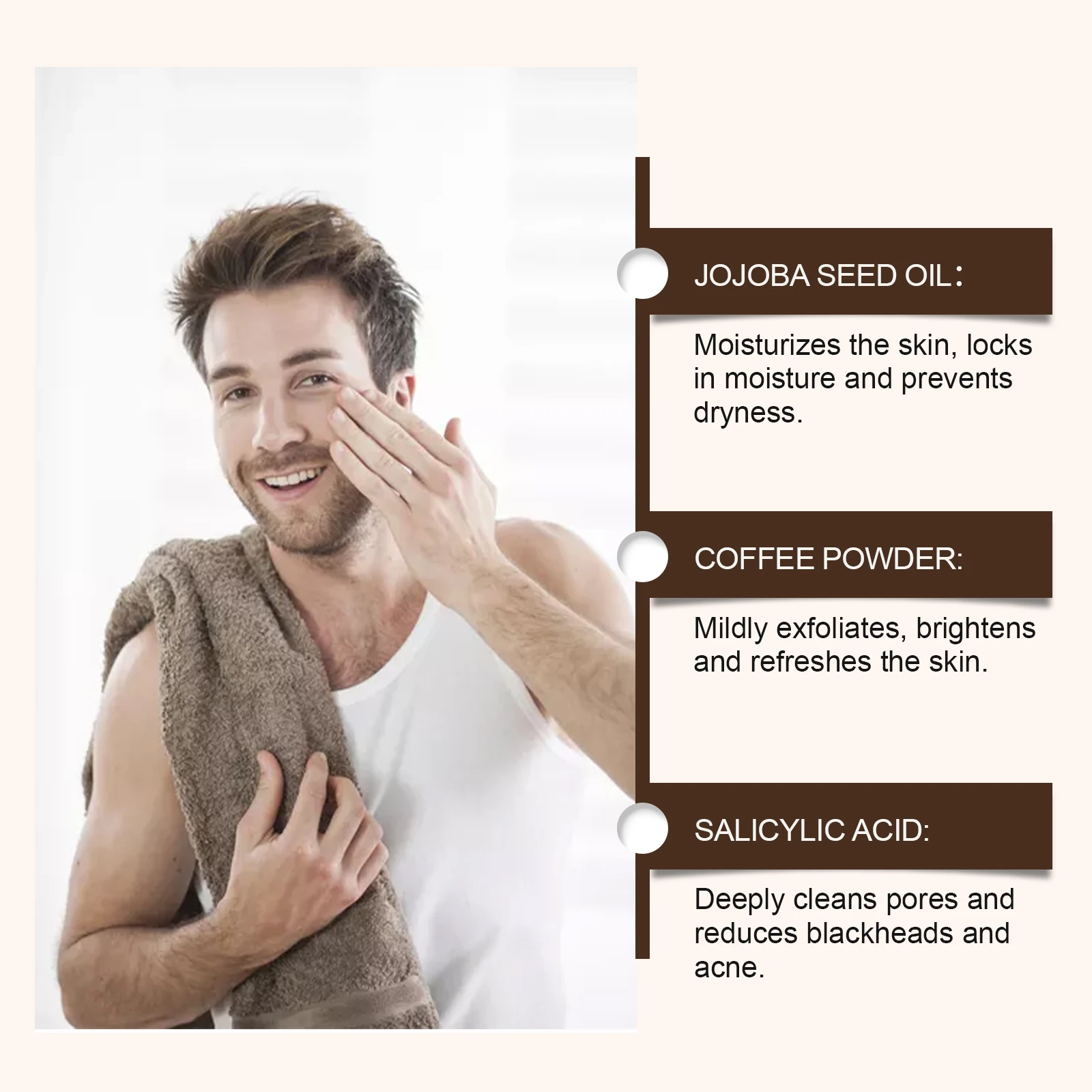 Kaffee-Peeling-Peeling, peelt sanft, um die Poren zu entstopfen, reduziert Mitesser und hellt die Haut für eine glatte Oberfläche auf