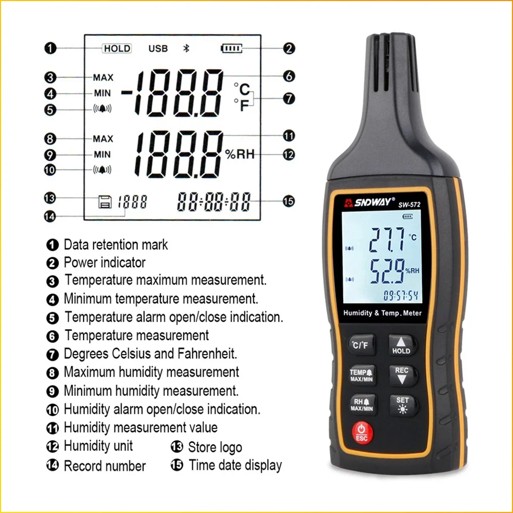 

SNDWAY SW-572 Цифровой термометр Высокоточный измеритель температуры и влажности с подсветкой Термогигрометр для хранения данных