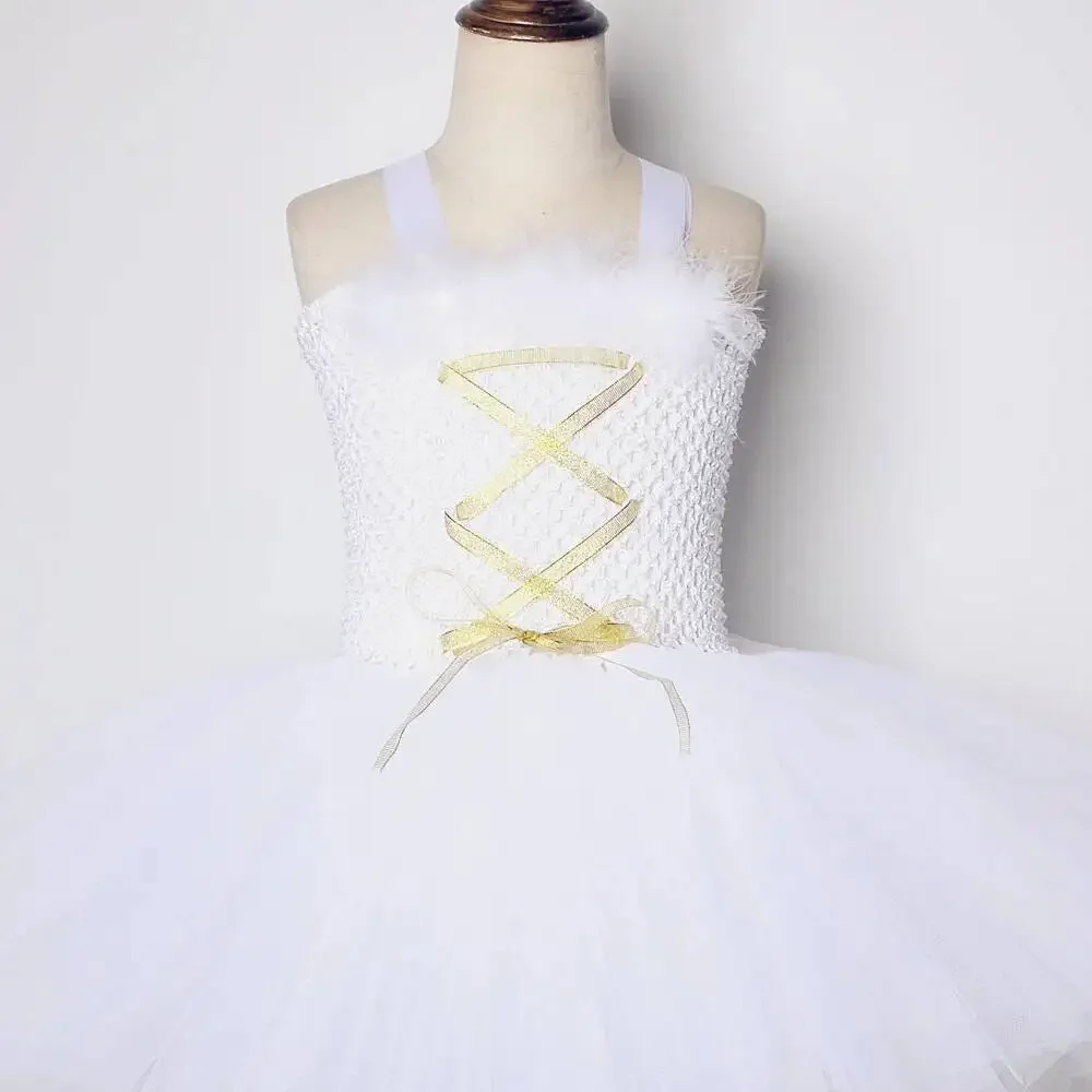Weißes Engel-Fee-Kleid für Mädchen, Weihnachts- und Halloween-Kostüm mit Federflügeln, Kindergeburtstags- und Neujahrs-Party-Tutu-Outfit – Detail 4