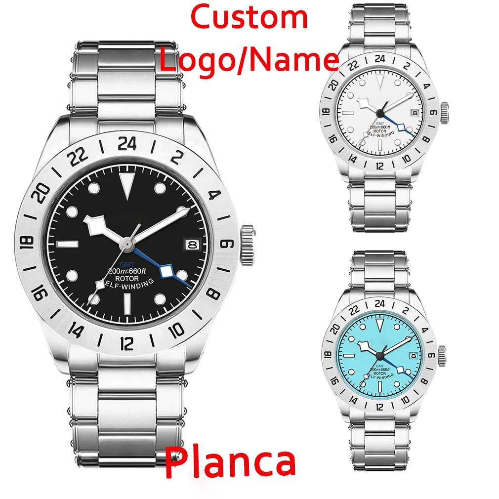 39mm カスタムロゴ NH34 GMT シルバー ステンレススチール腕時計（固定ベゼル、サファイアガラス付き）