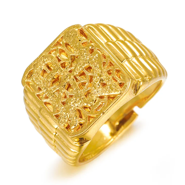 Fashion design 9999 24K real gold Classic retro Fortune Fortune Open men's ring personality nostalgic jewelry