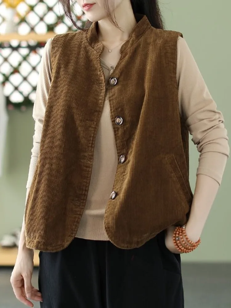 

Women's Corduroy Open Cardigan Vest Loose Fit Turn-down Collar Retro Hong Kong Style Outerwear Spring Autumn New Arrival
