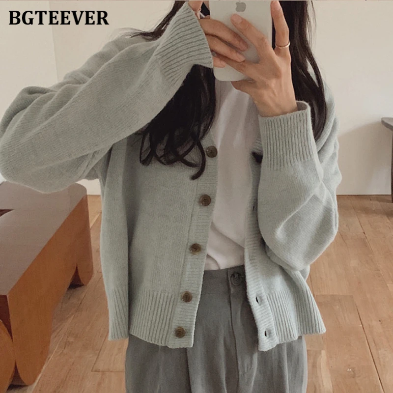 

BGTEEVER шикарные стильные однобортные женские теплые свитера с v-образным вырезом, топы, осень-зима, свободные женские вязаные кардиганы с длинными рукавами