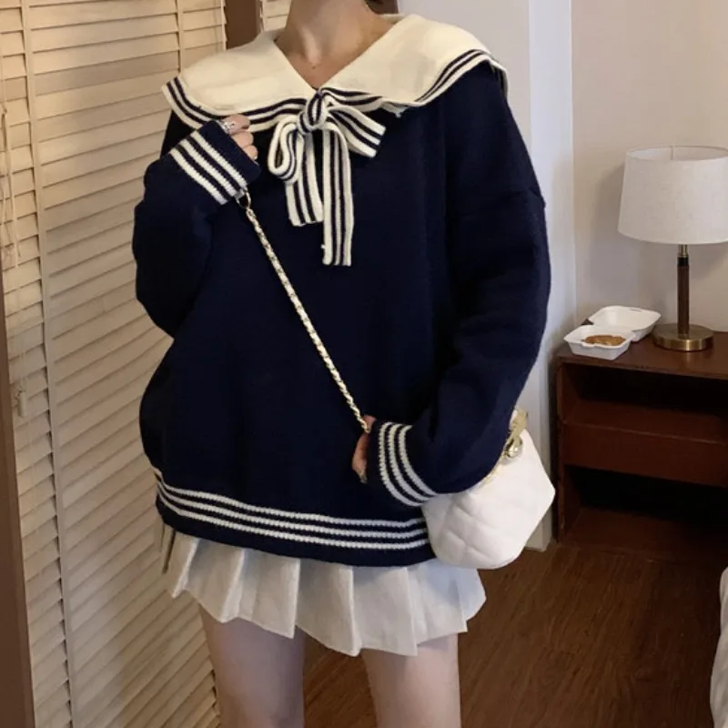 

Plus Size Loose Long Sve Crew Ne Sweater Women's Sle Autumn Winter New Arrival Lazy Color Blo Sweet Navy Collar Top for Women