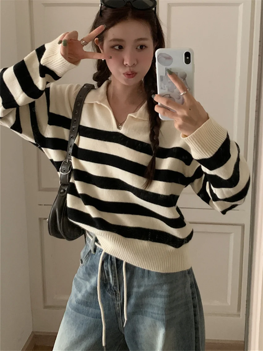 Alien Kitty Stylish Sweaters Office Lady Knitted Women Loose Autumn Daily Outwear 2023 OL Chic Pullovers Stripes Full Sleeve