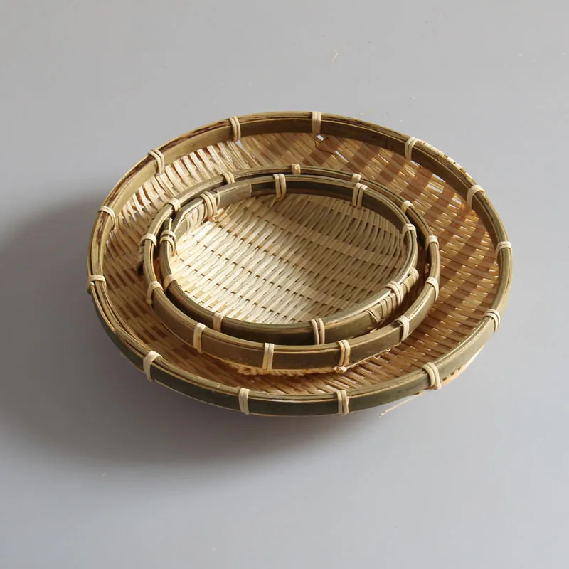 Cesta de bambú tejida china, bandeja para frutas, plato para postres, colador de bambú, cesta plana, cesta de bambú, plato para dim sum