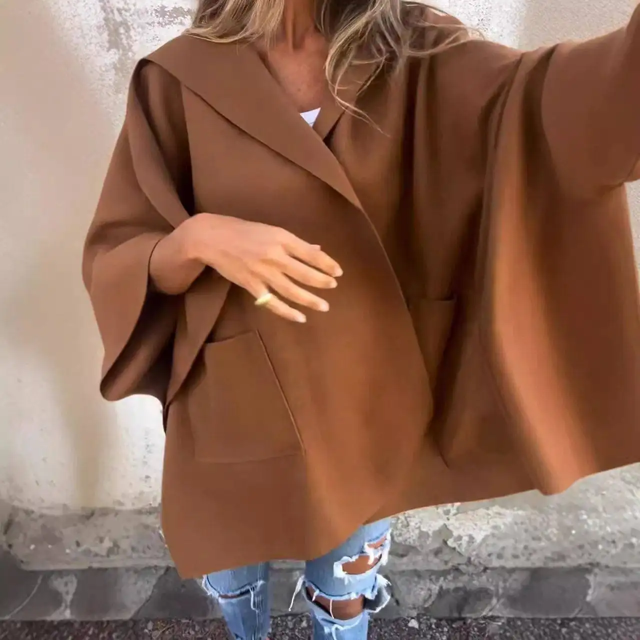 

Women's One-Piece Autumn Winter Cloak Coat Stand Collar Outerwear Polyurethane Elastic Fiber Batwing Sleeve Medium Length