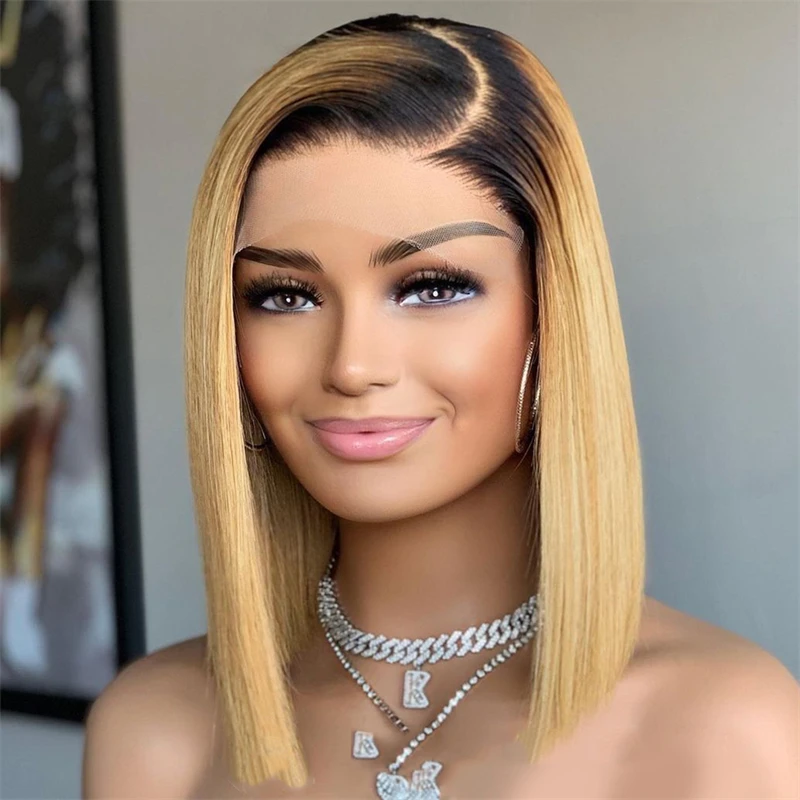 

Preplucked Soft Glueless Ombre Blond14inch Short Bob Straight Baby Hair Lace Front Wig For Women Middle Part 180density Hairline