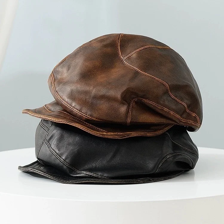 Fashionable Unisex British Retro Leather Beret—Street Style, Edgy Octagonal Hat, Cloud-Shaped Newsboy Cap, Versatile Hat