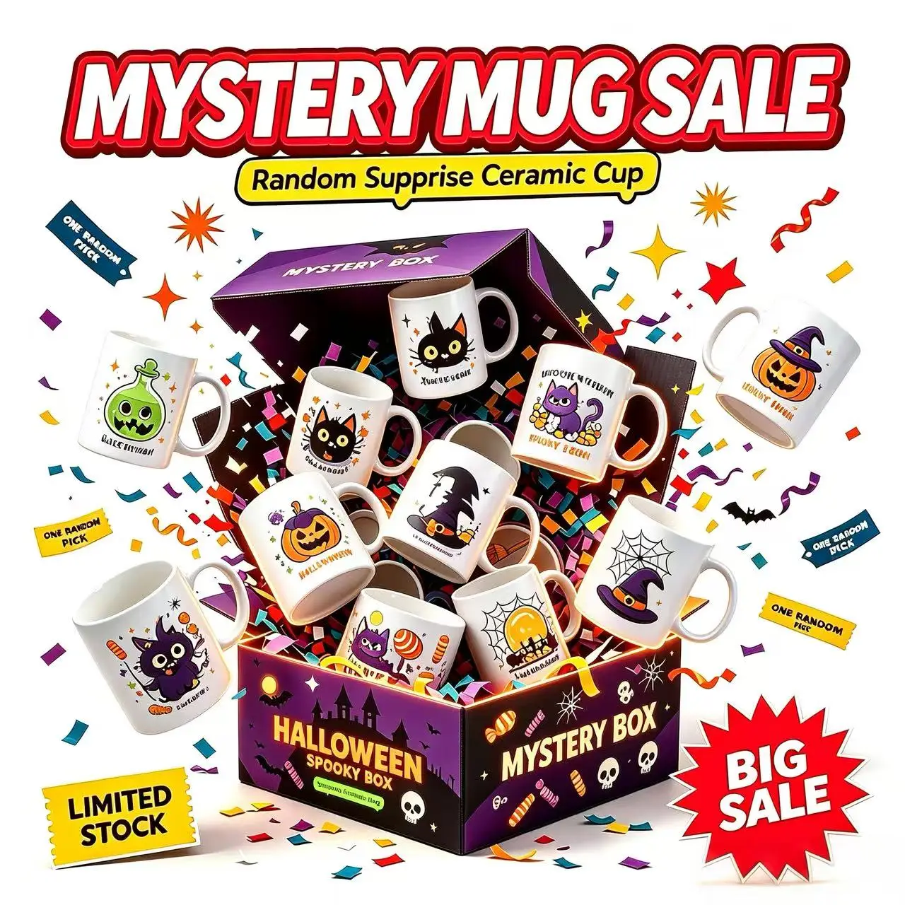 Halloween Ceramic Coffee Mug, Random Assorted Pattern, Cute Pumpkin Ghost Cat Print Cup, Holiday Desktop Drinkware Gift For Home Party