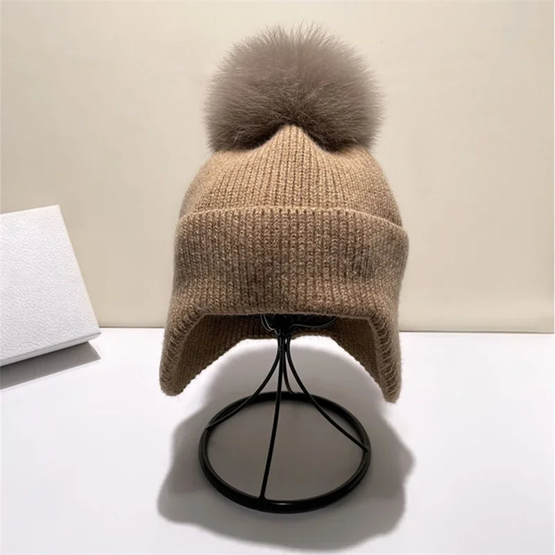 Solid Hat Women Knitted High Quality Ear Flap Wool Cap With Natural Fox Fur Pompom Female Winter Warm Caps