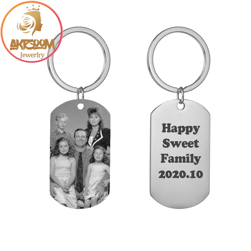 Akizoom Engrave Picture Keychain Custom Heart Round Family Keyring Stainless Steel Personalized Photo Logo Name for Woman Gift