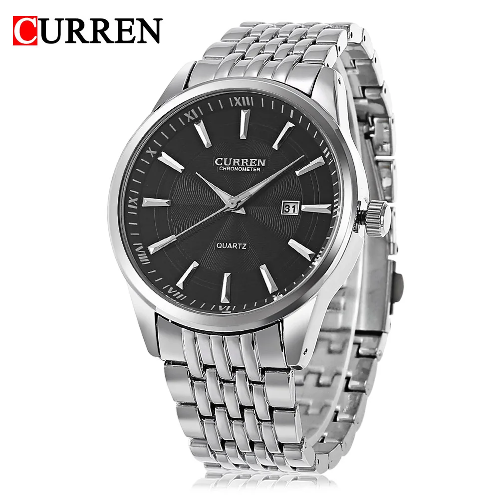 Reloj de cuarzo CURREN 8052 para hombre, calendario Simple, resistente al agua, correa de acero inoxidable negra y plateada, reloj de pulsera para hombre