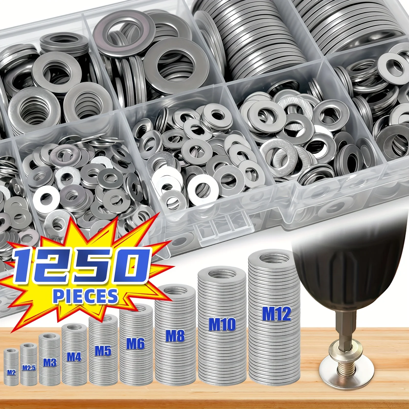 1250pcs  Stainless Steel Flat Washers Assortment Kit (M2 M2.5 M3m4 M5 M6 M8 M10 M12) Metal Screw Suitable for Home Decoration