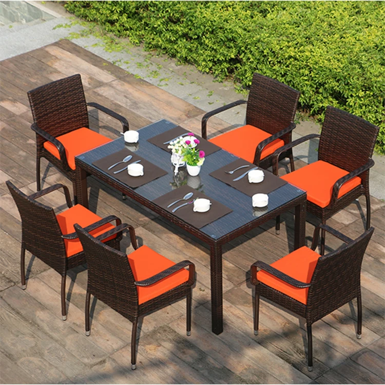 Black Modern Patio Porch Wicker 7 Piece Dining Sets Outdoor Garden Rattan Aluminum Table and 6 Seater Chairs