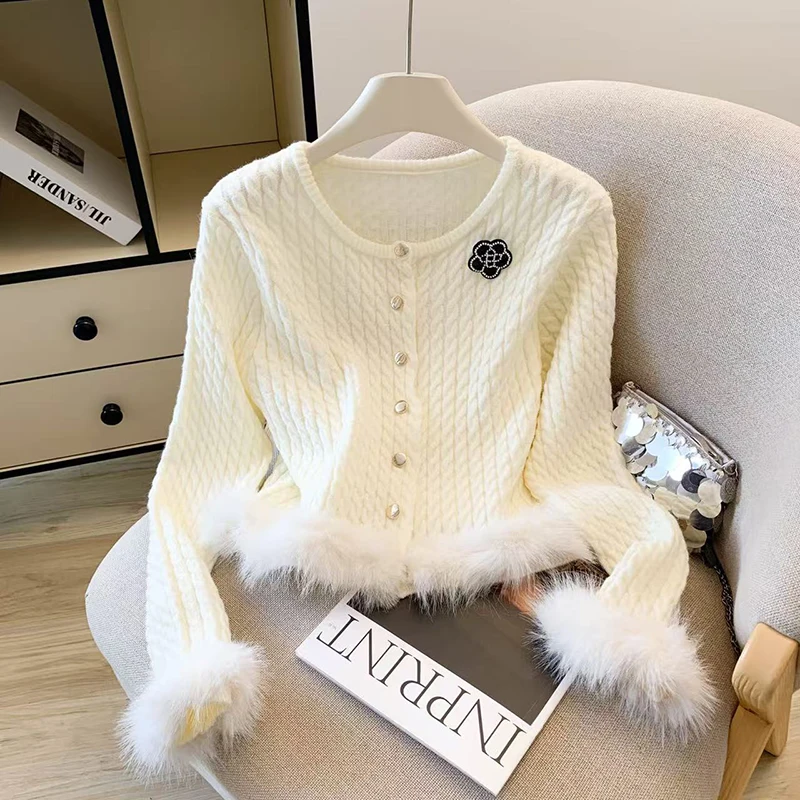 Cárdigan de punto informal elegante para mujer, suéter liso de retales peludo con botones de manga larga, prendas de vestir sencillas y elegantes con cuello redondo para oficina